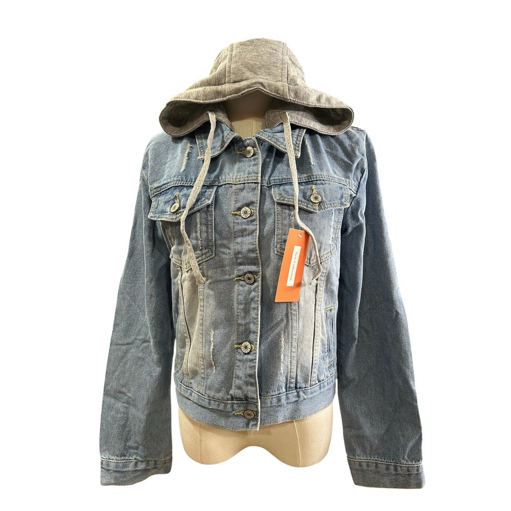 New Collection Womens Junior Hooded Denim Jean Jacket Blue Size Small